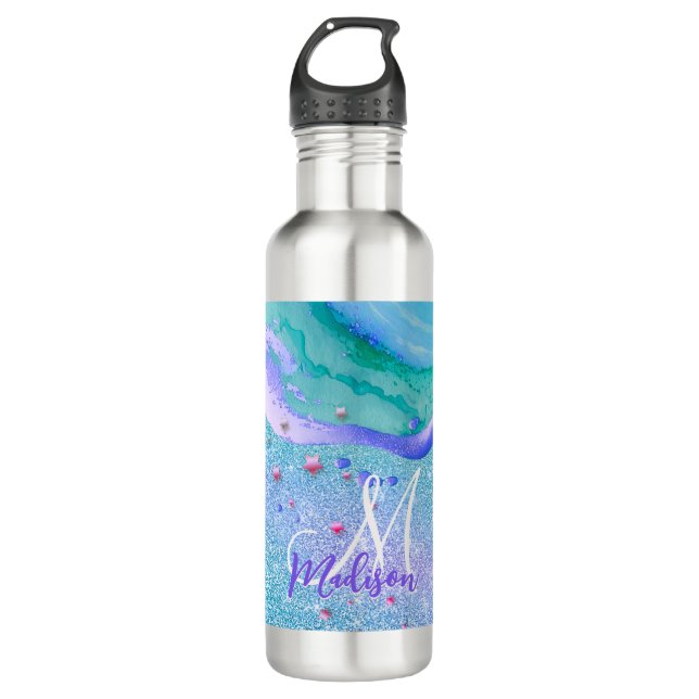Niedlicher Aqua-Glitzer lila Marmor-Art-Monogramm Edelstahlflasche (Vorderseite)