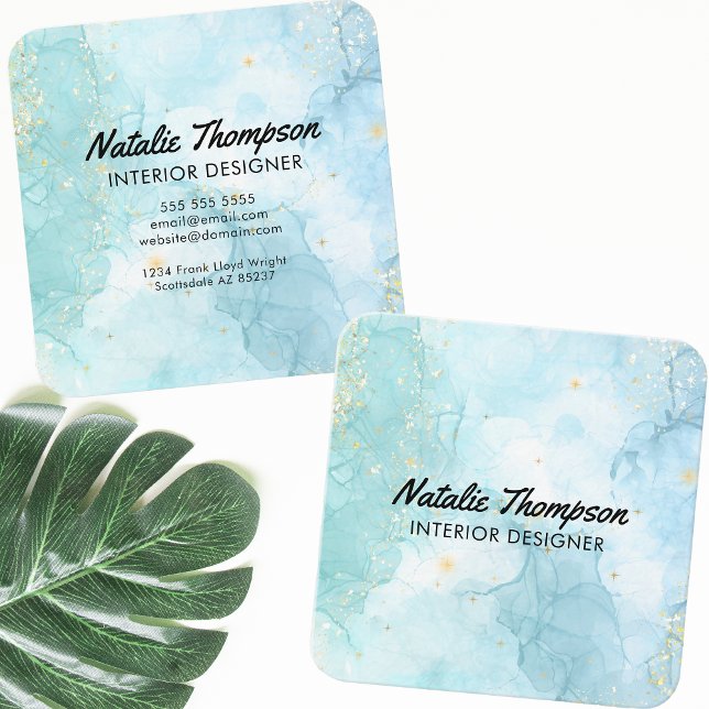 Niedlicher Aquamariner Blue Gold Glitzer Watercolo Quadratische Visitenkarte (Von Creator hochgeladen)
