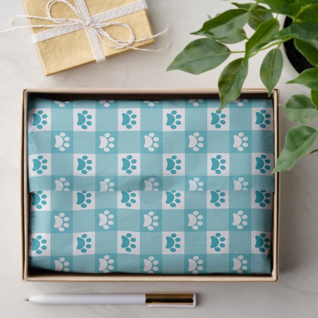Niedlicher Aquamariner Gingham mit Paw Prints Seidenpapier (Geschenk)