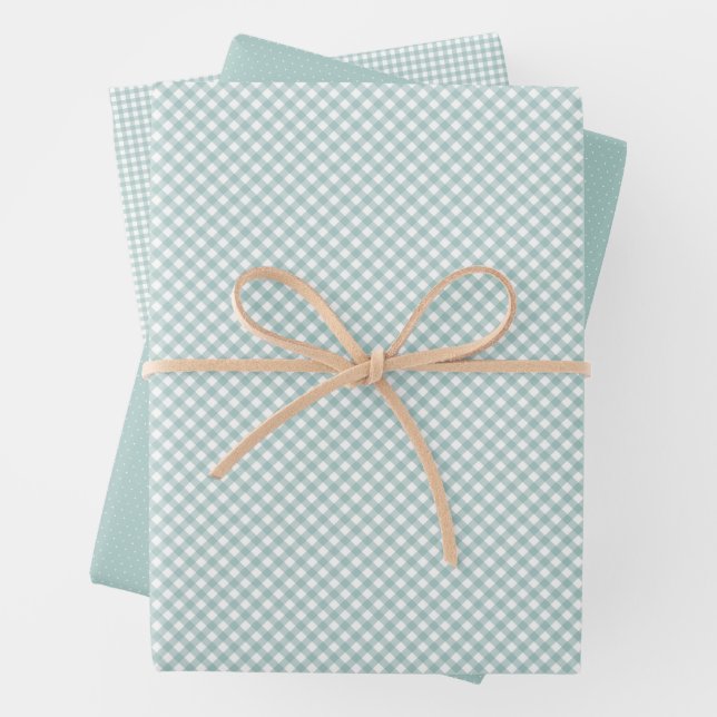 Niedlicher aquamariner Gingham und Dots Geschenkpapier Set (Beispiel)