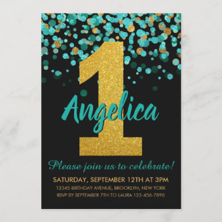 Niedlicher Aquamariner Gold Glitzer Black Confetti Einladung