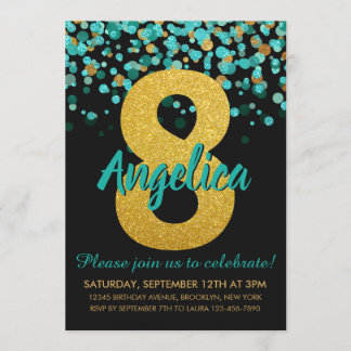 Niedlicher Aquamariner Gold Glitzer Black Confetti Einladung