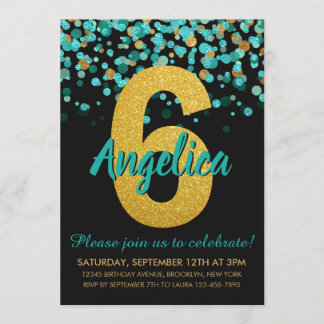 Niedlicher Aquamariner Gold Glitzer Black Confetti Einladung