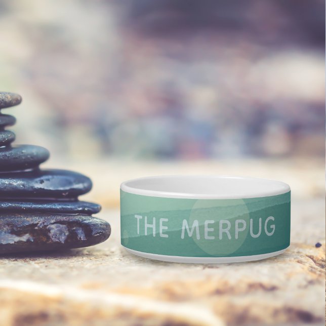 Niedlicher Aquamariner Wasserfarbname Benutzerdefi Napf (Add your sea dog's name to this teal watercolor pet food bowl)