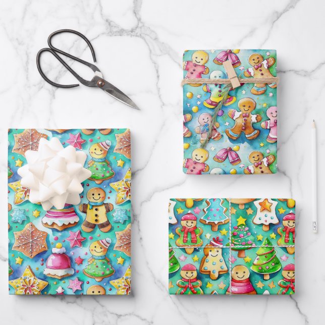 Niedlicher Aquarell Cartoon Lebkuchen Cookie Geschenkpapier Set (Vorderseite)