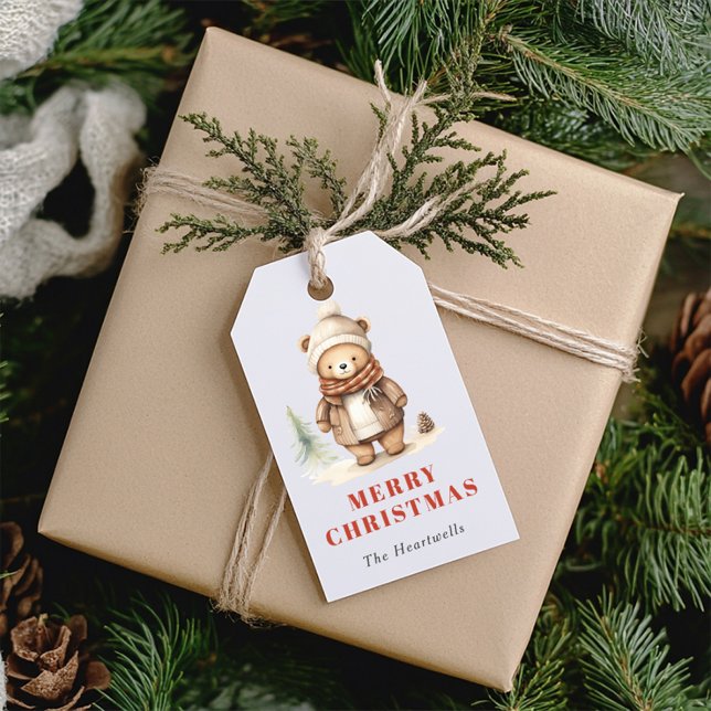 Niedlicher Aquarellbär Frohe Weihnachtsfeiertage Geschenkanhänger (Von Creator hochgeladen)