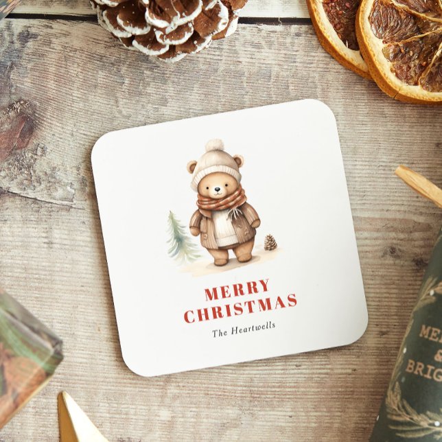 Niedlicher Aquarellbär Frohe Weihnachtsfeiertage Rechteckiger Pappuntersetzer (Von Creator hochgeladen)