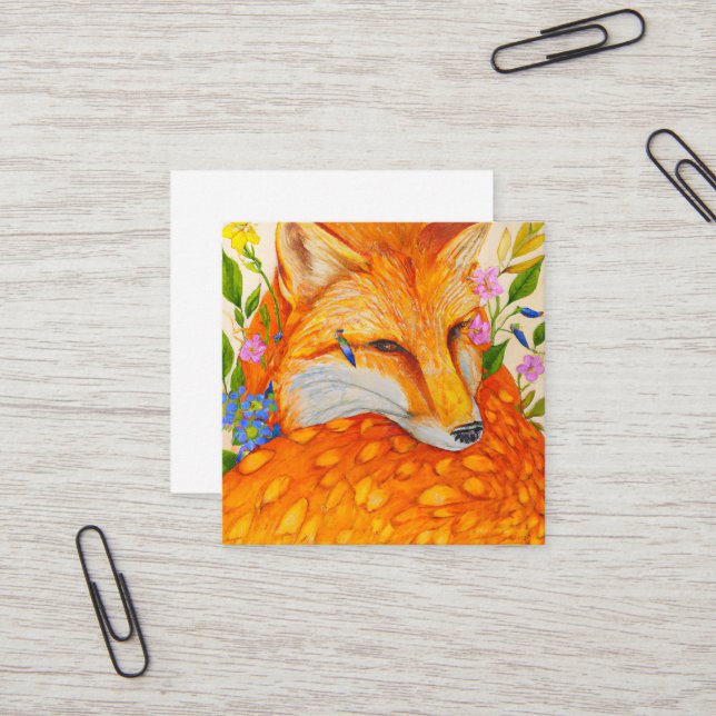 Niedlicher Aquarellfuchs mit Blume Quadratische Visitenkarte (Vorderseite/Rückseite Beispiel)