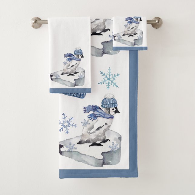 Niedlicher Aquarellpinguin Snowflakes Weihnachten Badhandtuch Set (Insitu)