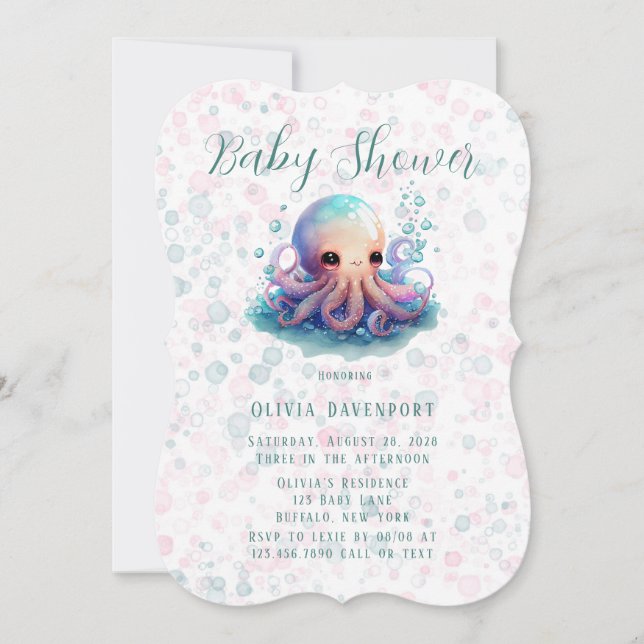 Niedlicher Aquarelltopus mit Bläschen Babydusche Einladung (Vorderseite)