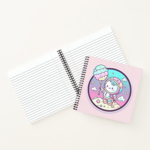 Niedlicher Astronaut mit Eiscreme-Baloon auf dem M Notizbuch