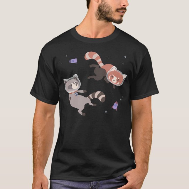 Niedlicher Astronautenraccoon und Roter Panda-Rake T-Shirt (Vorderseite)
