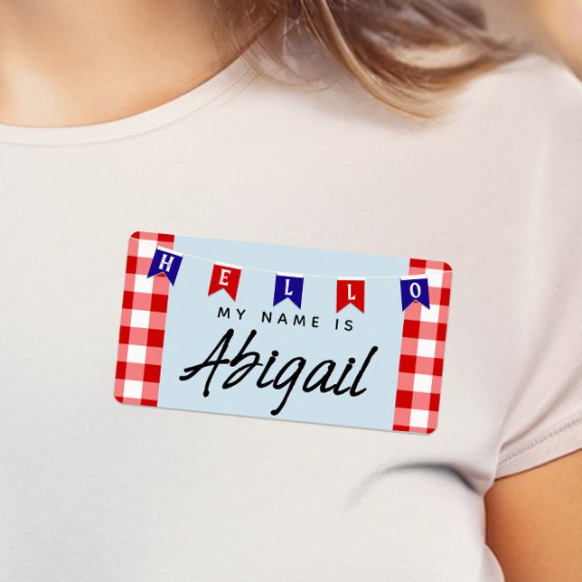 Niedlicher Aufkleber von Picnic Gingham "Hello My  (Cute Picnic "Hello My Name Is" Name Tags with Red Checks)