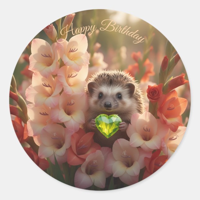 Niedlicher August-Igel mit Peridot-Herz Runder Aufkleber (Vorderseite)