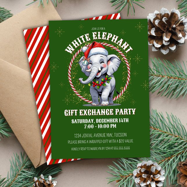 Niedlicher Austausch von Geschenkartikeln für den  Einladung (Festive green and red cute white elephant Christmas gift exchange party invitations for work church)