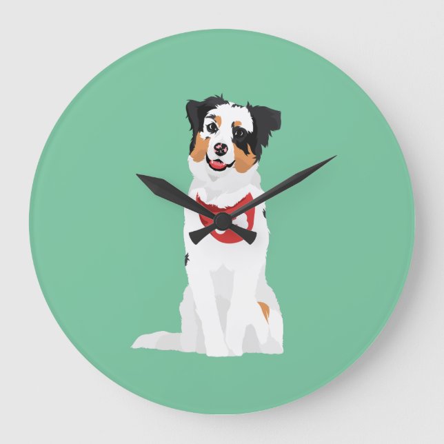 Niedlicher australischer Schäfer-Welpe mit rotem Große Wanduhr (Vorderseite)