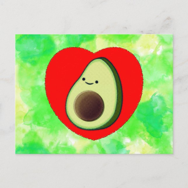 Niedlicher Avocado Cartoon in Rotem Herzen auf Was Postkarte (Vorderseite)