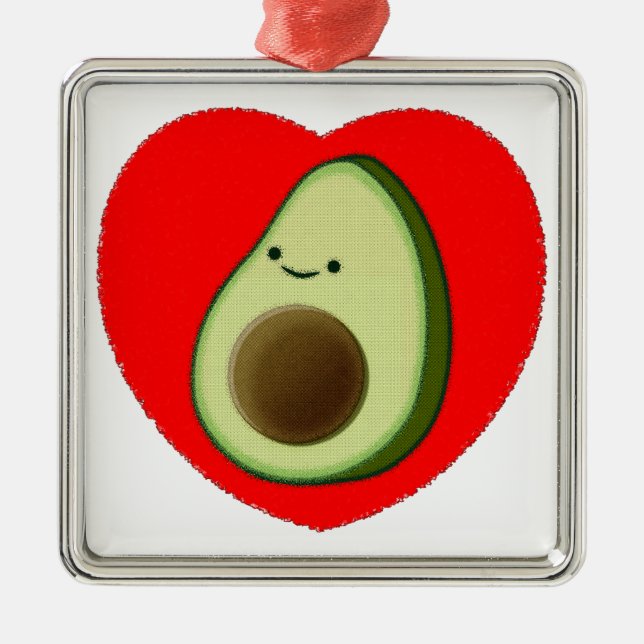 Niedlicher Avocado im Roten Herzen Silbernes Ornament (Vorne)