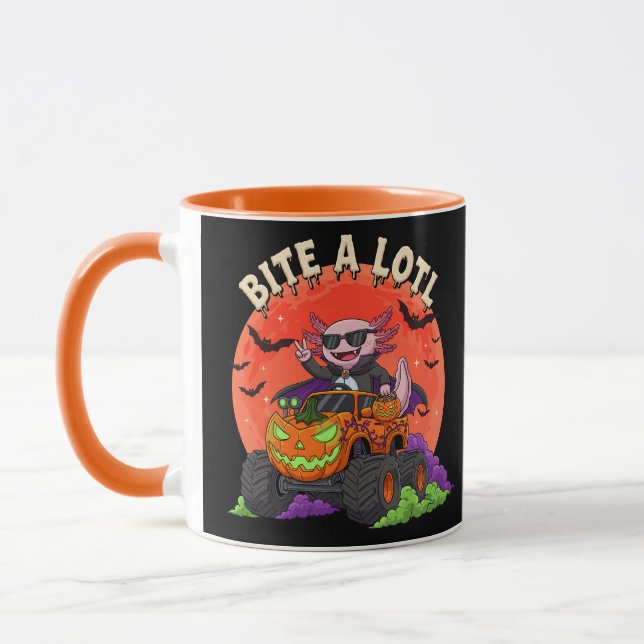 Niedlicher Axolotl Dracula Halloween Pumpkin Truck Tasse (Links)