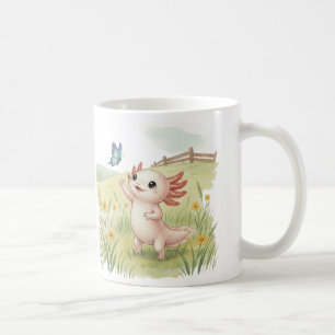 Niedlicher Axolotl jagt Schmetterling Kaffeetasse