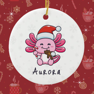 Niedlicher Axolotl mit Weihnachtsmannmütze & Candy Keramik Ornament