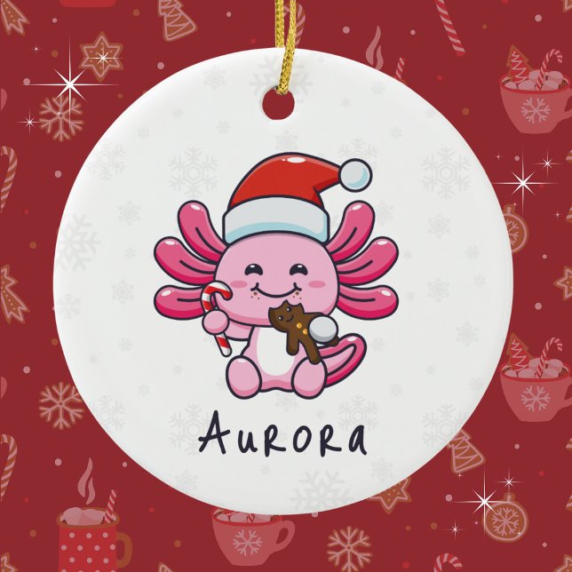 Niedlicher Axolotl mit Weihnachtsmannmütze & Candy Keramik Ornament (Personalize with a name. Available in assorted ornaments and products.)