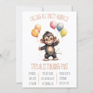 Niedlicher Baby-Affe mit Balloons Geburtstagsparty Einladung