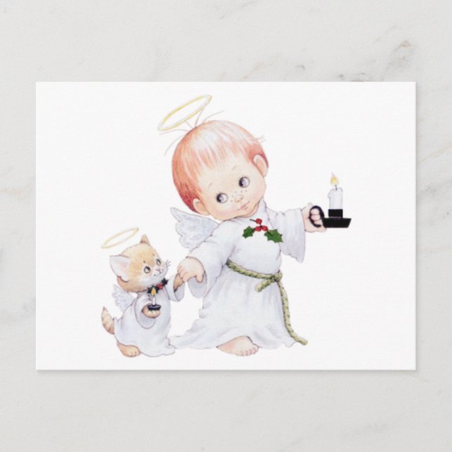 Niedlicher Baby Angel und Katze Postkarte (Vorderseite)