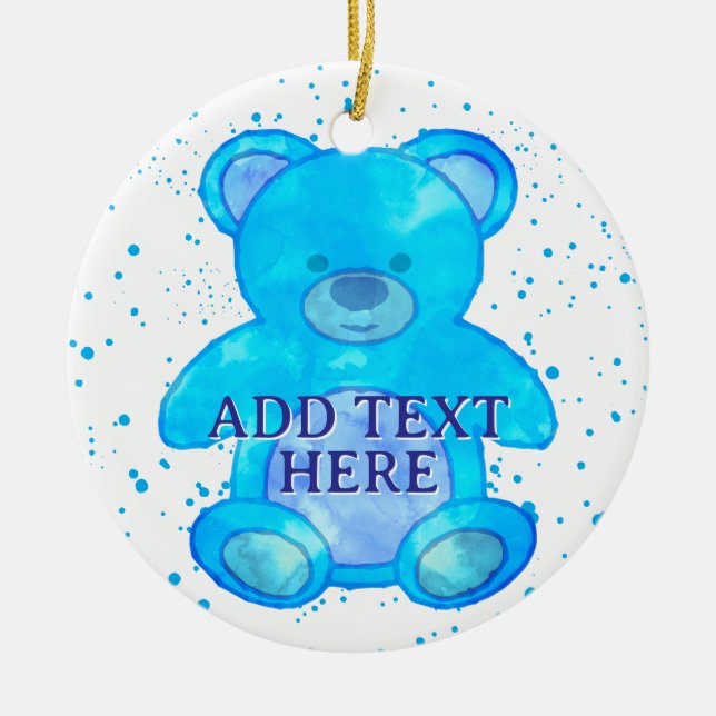 Niedlicher Baby-Bär in blau-individuellem Text Keramik Ornament (Vorne)