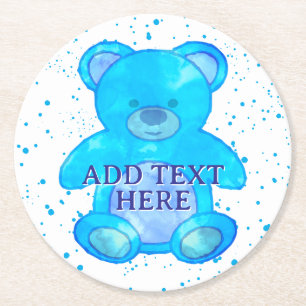 Niedlicher Baby-Bär in blau-individuellem Text Runder Pappuntersetzer