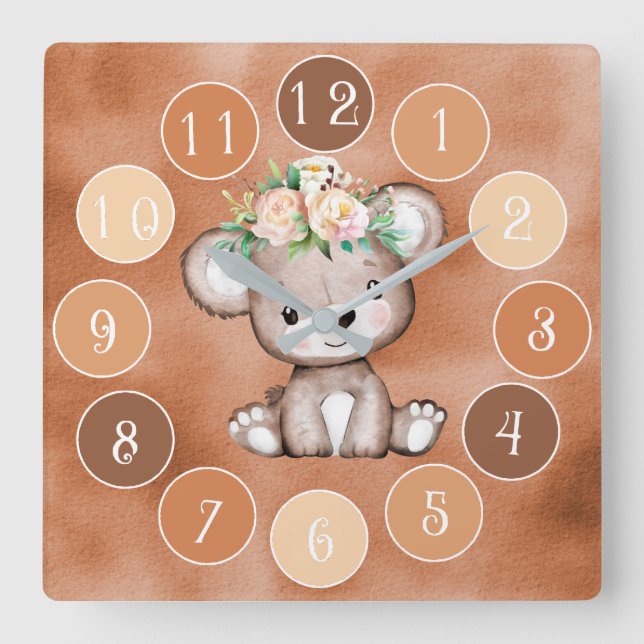Niedlicher Baby Bär Kids Wall Clock Quadratische Wanduhr (Vorderseite)