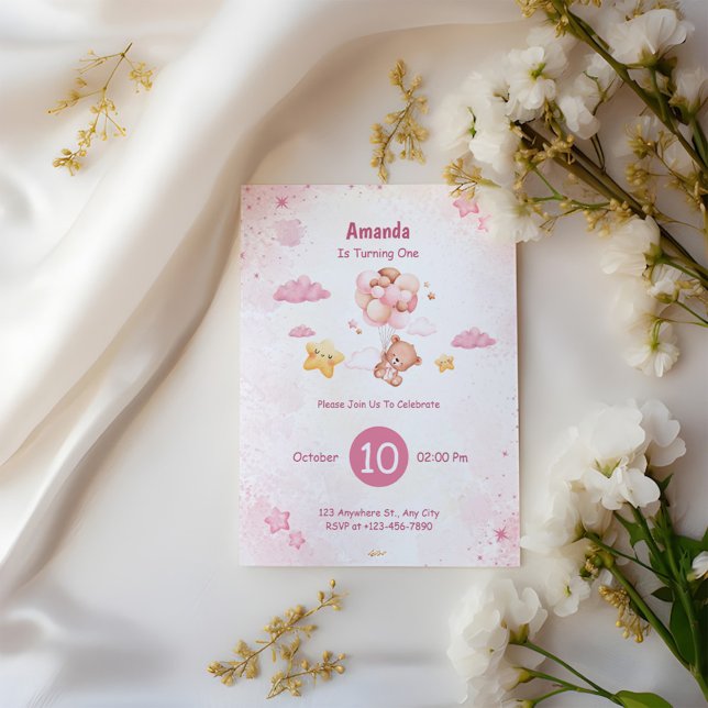 Niedlicher Baby Bär mit Balloons 1. Geburtstag Einladung (Von Creator hochgeladen)