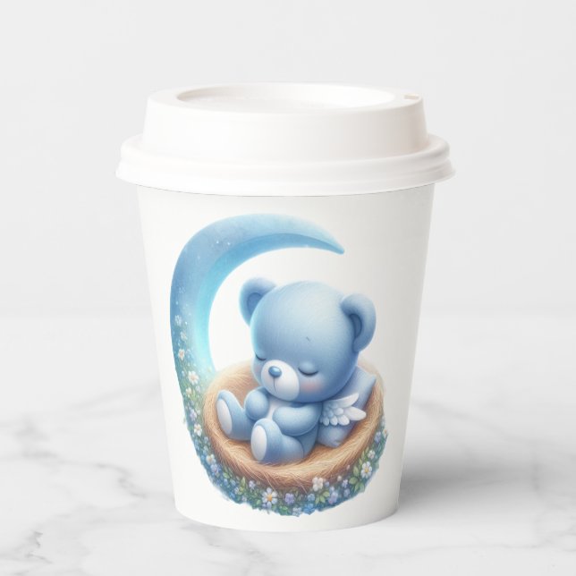 NIEDLICHER BABY-BLAUE-TEDDY-Bär AUF DEM Mond Pappbecher (Vorderseite)