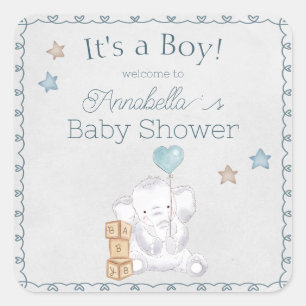 Niedlicher Baby Boy Elephant und Balloon Wassercol Quadratischer Aufkleber