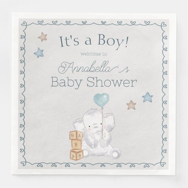 Niedlicher Baby Boy Elephant und Balloon Wassercol Serviette (Vorderseite)