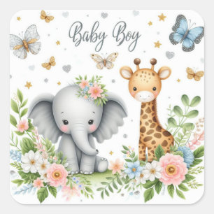 Niedlicher Baby Boy Elephant und Giraffe mit Blume Quadratischer Aufkleber