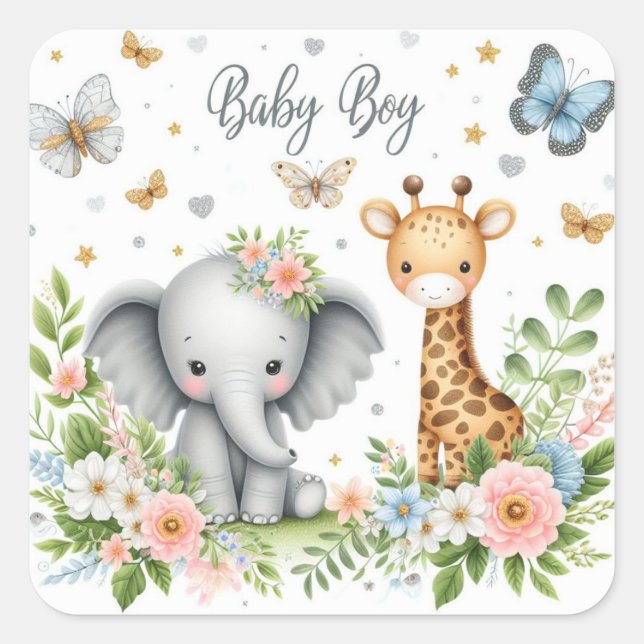 Niedlicher Baby Boy Elephant und Giraffe mit Blume Quadratischer Aufkleber (Vorderseite)