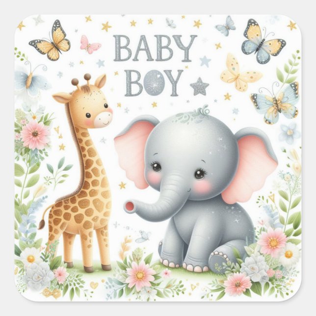 Niedlicher Baby Boy Elephant und Giraffe mit Blume Quadratischer Aufkleber (Vorderseite)