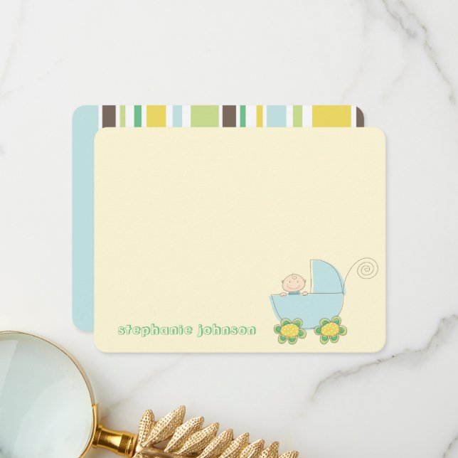 Niedlicher Baby Boy in Blue Pram Whimsical Baby Du Dankeskarte (Vorderseite/Rückseite Beispiel)