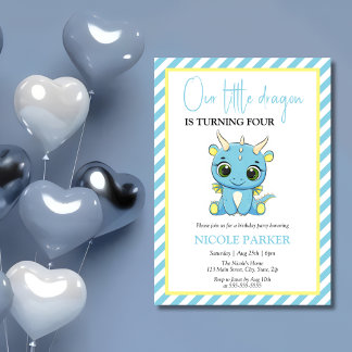 Niedlicher Baby Dragon Blue Stripes Geburtstag Einladung