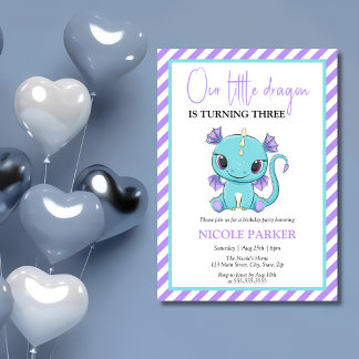 Niedlicher Baby Dragon Lila Stripes Geburtstag Einladung