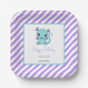 Niedlicher Baby Dragon Lila Stripes Geburtstag Pappteller