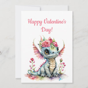 Niedlicher Baby Dragon mit Herz-BlütenValentin Feiertagskarte