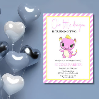 Niedlicher Baby Dragon Pink Stripes Geburtstag Einladung