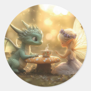 Niedlicher Baby Dragon und Fee Genuss Tee Runder Aufkleber