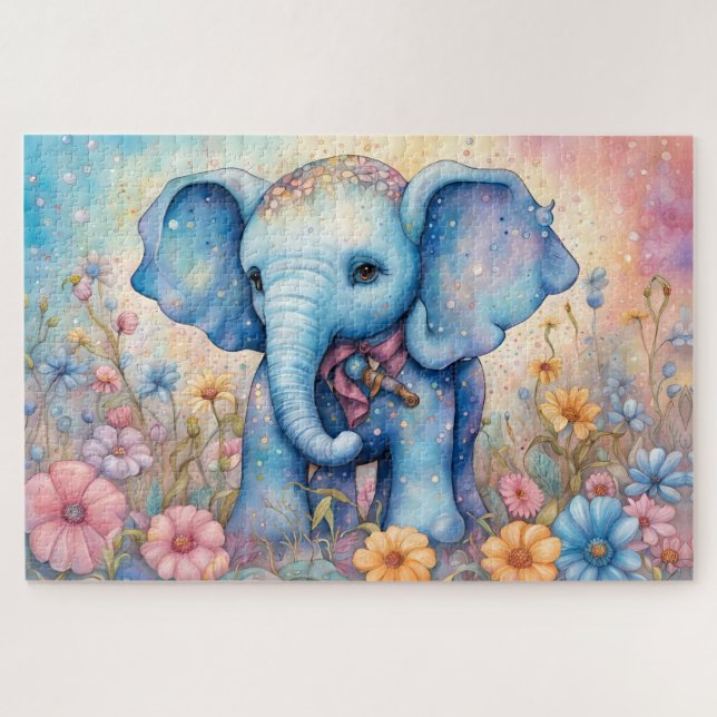Niedlicher Baby Elefant in einem Pastel Daisy Gard Puzzle (Horizontal)