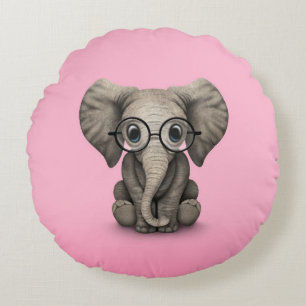 Niedlicher Baby-Elefant mit Leseglas-Rosa Rundes Kissen