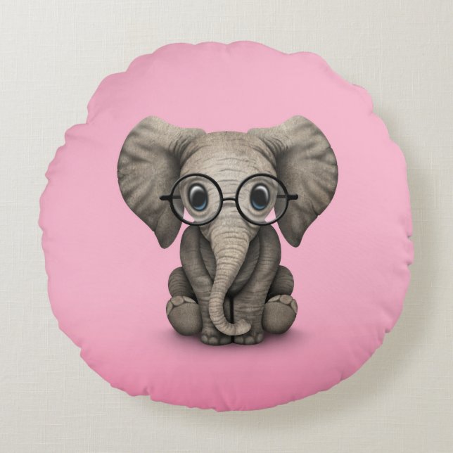Niedlicher Baby-Elefant mit Leseglas-Rosa Rundes Kissen (Vorderseite)