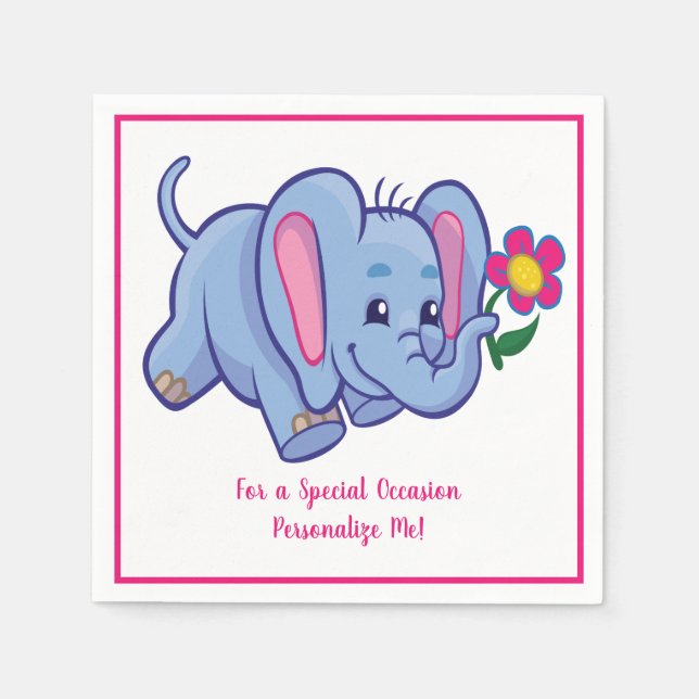 Niedlicher Baby Elephant & Blume Personalisiert Serviette (Vorderseite)