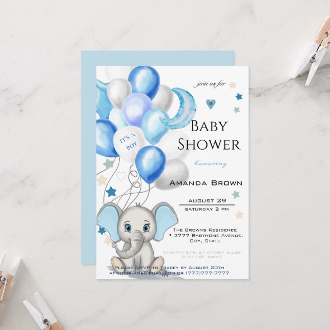 Niedlicher Baby Elephant mit Balloons Boy Baby Dus Einladung (Vorderseite/Rückseite Beispiel)